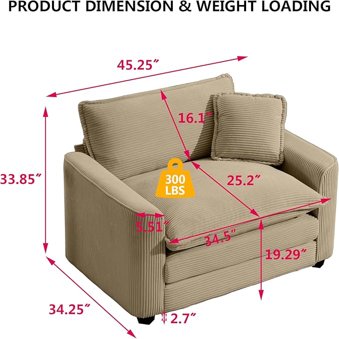 Aoowow Corduroy Large Armchair,Modern Oversized Single Sofa Chair with Throw Pillow,Deep Single Seat Cloud Sofas Couches for Living Room,Tufted Oversized Accent Arm Chair (Tan, Sofa Chair)