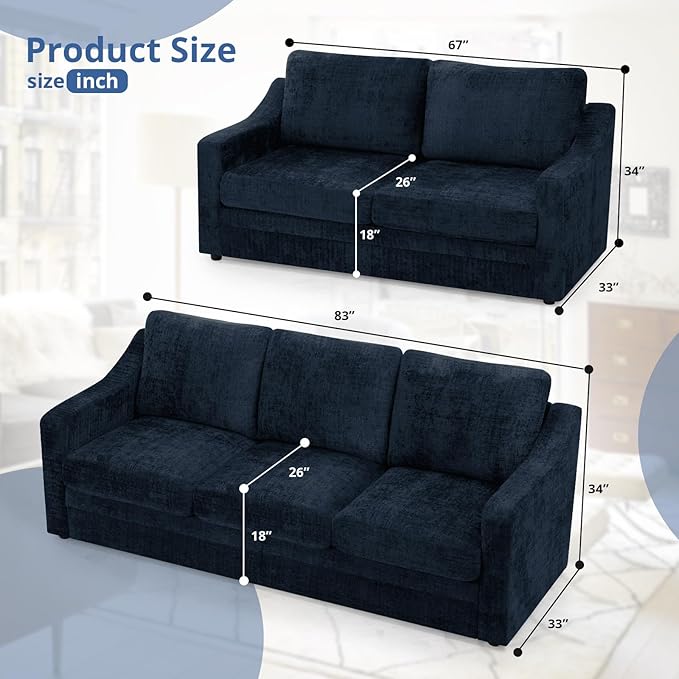 ACMEASE 2 Pieces Chenille Sofa Sets w/Comfortable Back Cushions, Modern Loveseat & Sofa w/Deep Seat Space, Upholstered 2 Seat & 3 Seats Couch Sets w/High Resiliency Foam for Living Room, Office Blue