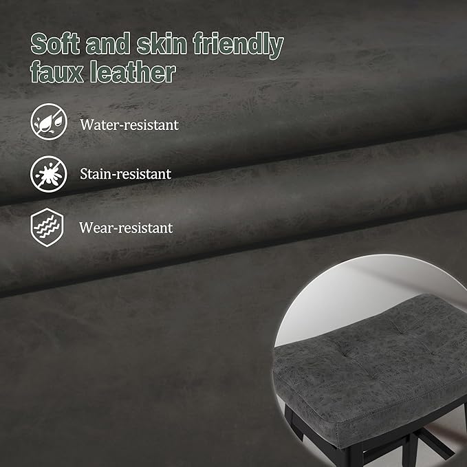 RNKSFX Counter Height Bar Stools Set of 4 for Kitchen Counter Farmhouse Modern Barstools with Faux Leather Upholstered Backless Seat and Solid Wood Legs 24 inch Bar Chairs, Grey + Black