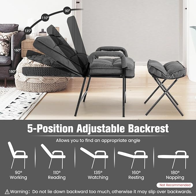 Giantex Modern Accent Chair with Ottoman, Upholstered Arm Chair with Adjustable Backrest & Solid Metal Frame, Linen Fabric Single Sofa Chair and Footrest Set for Bedroom, Living Room (Grey)