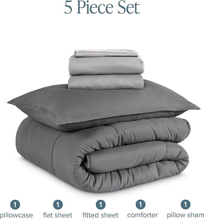 Bare Home Bed-in-A-Bag 5 Piece Comforter & Sheet Set - Twin - Goose Down Alternative - Ultra-Soft 1800 Premium Bedding Set (Twin, Grey/Light Grey)