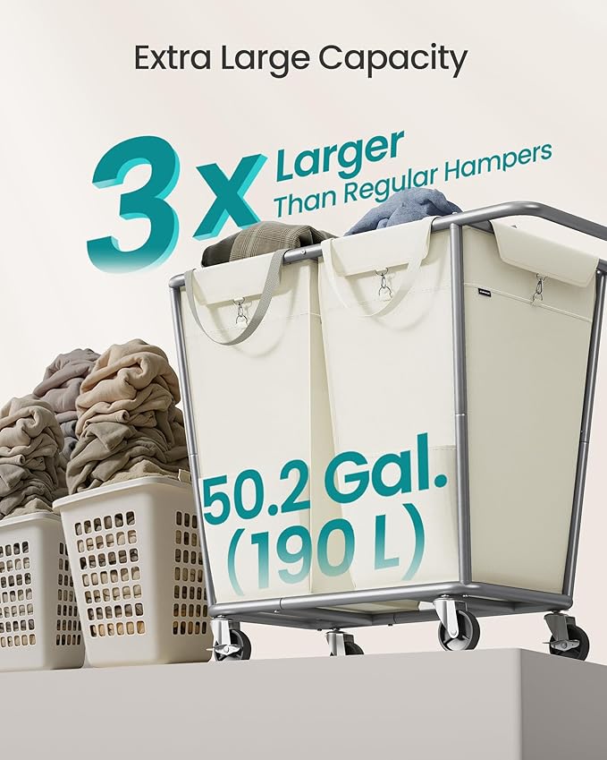 SONGMICS Laundry Basket with Wheels, 2-Section Laundry Sorter, 50.2 Gallons (190 L) Rolling Hamper with Removable Bags, Heavy-Duty Steel Frame, Cream White URLS009W01