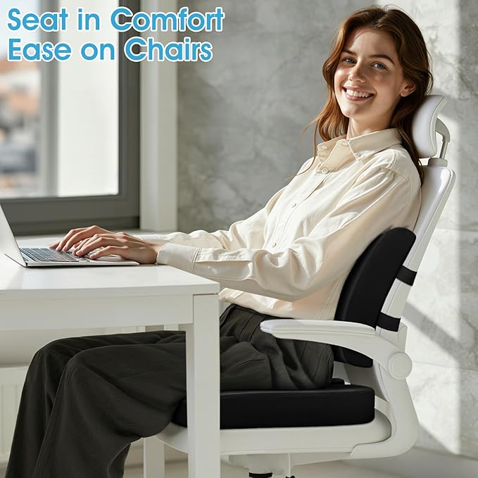 Seat Cushion, Lumbar Support Pillow with Adjustable Strap-Chair Cushions for Sciatica Pain Relief-with Washable Cover Memory Foam for Car, Travel and Wheelchair-Black