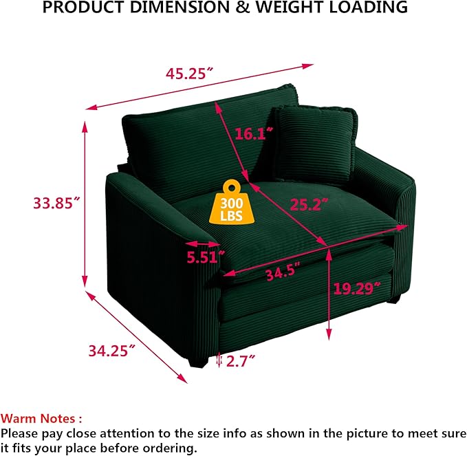 Aoowow Corduroy Large Armchair,Modern Oversized Single Sofa Chair with Throw Pillow,Deep Single Seat Cloud Sofas Couches for Living Room,Tufted Oversized Accent Arm Chair (Green, Sofa Chair)