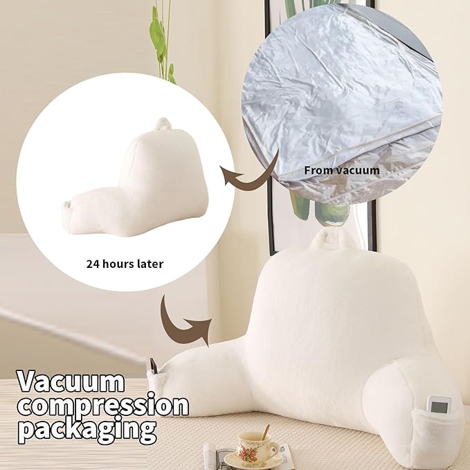 PAJEO Reading Pillow for Sitting in Bed, Large Backrest Reading Pillow with Arm Rest,Back-Rest Support Cushion for Sit Up on Couch, Sofa, and Floor, Dorm Essentials (White Faux Fur, Large(19"))