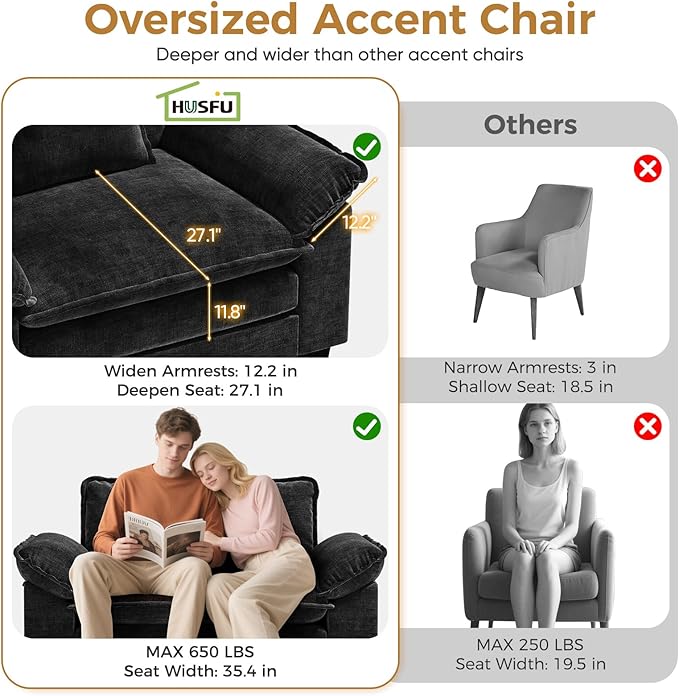 HUSFU Chenille Oversized Accent Chair, Cloud Sofa Chair with Deep Seat and Extra Wide Armrests, Comfy Reading Armchair for Bedroom, Living Room, Black