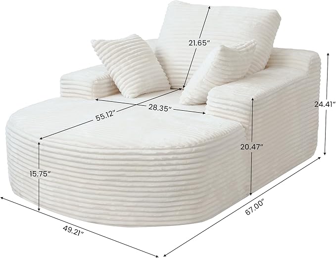 WJShome Oversized Lounge Chaise Indoor,D-Shaped Upholstered Corduroy Sofa Bed with 3 Pillows,Comfy Sleeper Boneless Couch,Deep Seat Couches for Living Room, Beige