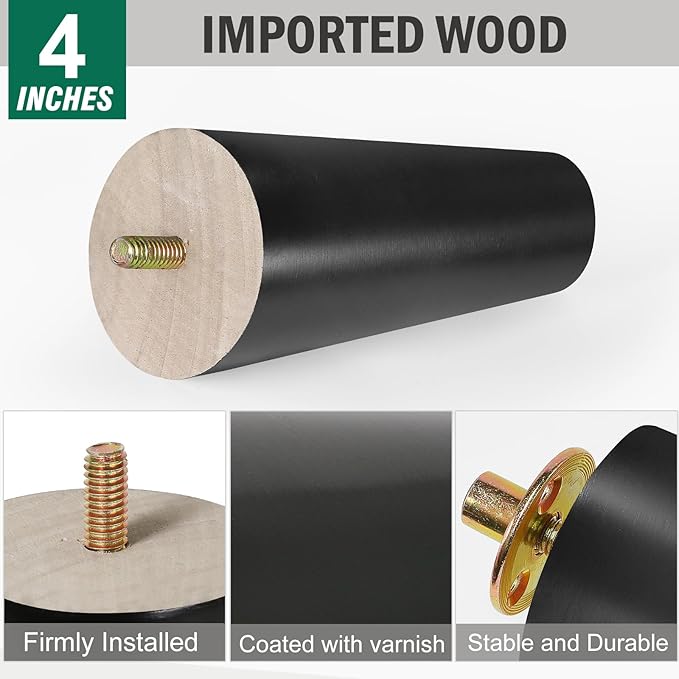 FoDau770 Black Rubber Wood Furniture Legs 4 Inches, Slant Tapered Wood Feet Mid Century Sofa Legs Set of 4, 5/16" UNC Furniture Feet Replacement Parts for Cabinet Couch Dresser Chair Ottoman Table
