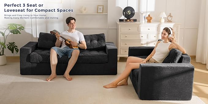 MAXYOYO Boneless Sofa Couch, Loveseat Sofa for Small Space, Tufted 3-Seater Floor Couch Bean Bag Chair for Living Room Bedroom Apartment, Sofa in a Box, No Assembly Needed, Black