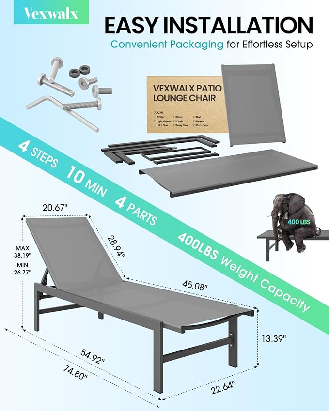 Lounge Chaise Outdoor, Aluminum Pool Lounge Chairs with 5-Position Recliner, Patio Lounge Chair for Backyard, Poolside, Lawn, Dark Gray