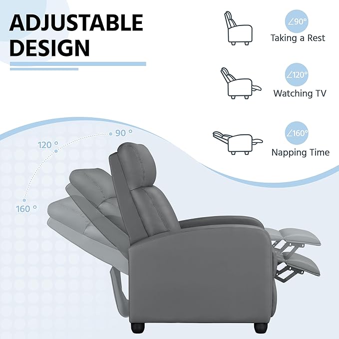 Yaheetech Recliner Chair PU Leather Recliner Sofa Home Theater Seating with Lumbar Support Overstuffed High-Density Sponge Push Silver Gray Recliners