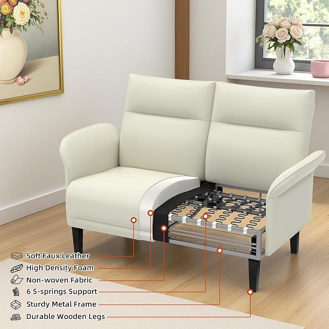 Faux Leather Loveseat with Wide Armrests, Symmetrical Shawl Arm 2-Seater Sofa, Upholstered Modern Loveseat with Wooden Legs for Small Living Room, Apartment, Beige