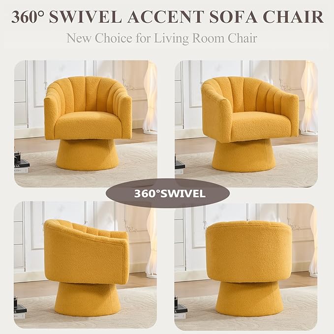 Swivel Accent Chair Set of 2, Upholstered Teddy 360° Swivel Barrel Chair for Living Room Overstuffed Bouncle Reading Chair Round Armchair for Bedroom,Vanity,Office-Mustard