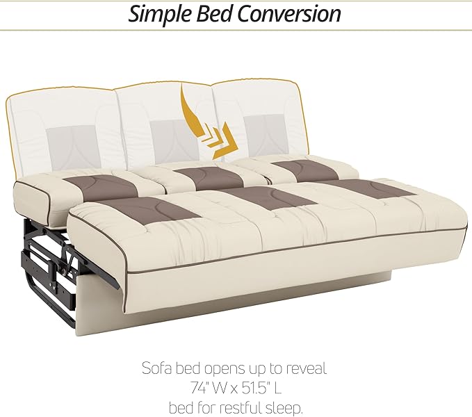 Qualitex De Leon Console SL RV Sofa Bed, 74" Wide, Ulitmate Leather, Bisque and Light Antelope
