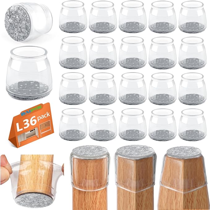 BAIPOK 36Pcs Round Chair Leg Floor Protectors with Felt Bottom, Silicone Chair Leg Covers Caps for Hardwood Floors, Dining Room Bar stools Leg Protectors, Reduce Noise & No Scratch, Clear, Large