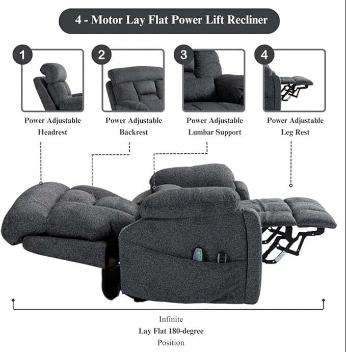 Lay Flat Power Lift Recliner Chair, | 400lbs | 25.5in Extra Wide | 4-Motor | Heat, Massage, Hidden Cup Holder, Sleeping | Big Man, Elderly (Light Grey)