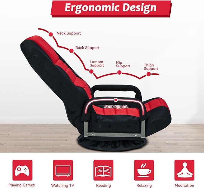 360° Swivel Chair 6 Adjustable Positions Backrest with Armrest Foldable Floor Chairs Suitable for Reading, Relaxing, Mediation,Red