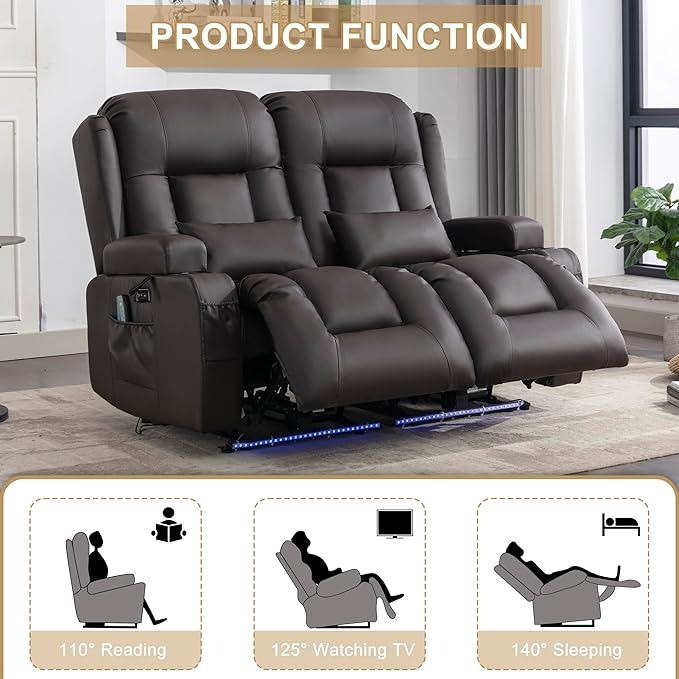 URRED Loveseat Recliner Sofa with Massage and Heat, Power Reclining Loveseat Sofa RV Couch Home Theater Seating with LED Lights, Cup Holders, Side Pockets, USB, Pillows, Faux Leather - Dark Brown