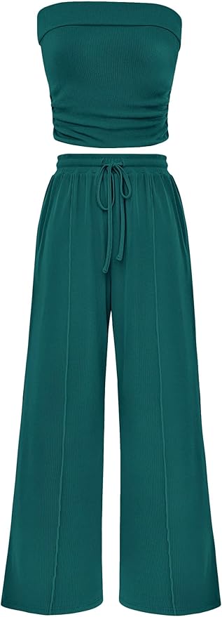 PRETTYGARDEN Womens Summer Outfits 2 Piece Sets Casual Ribbed Knit Crop Tube Top Wide Leg Pants Spring Matching Lounge Set
