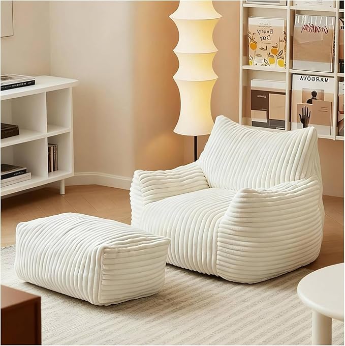 LKD Oversized Bean Bag Chairs for Adults,Bean Bag Chair with arms,Plush Bean Bag,Modern Living Room Decorative Chair,Corner Chair Bedroom,Reading Sofa, Dormitory Lounge Chairs (White, with Ottoman)