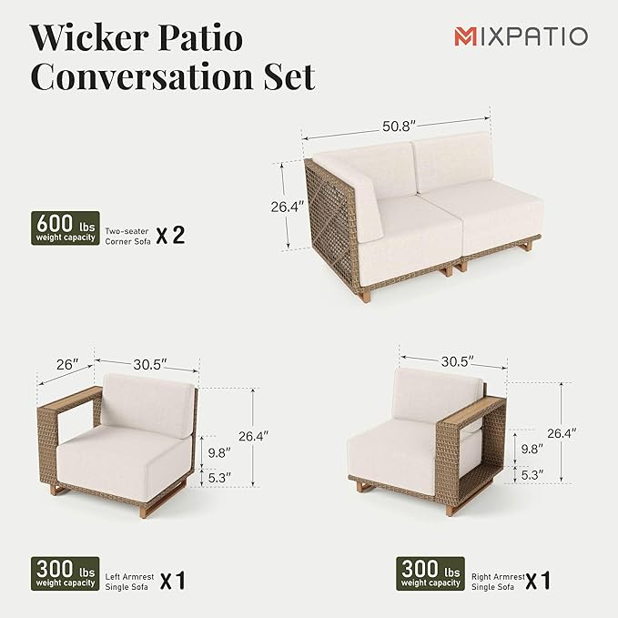 MIXPATIO Outdoor Patio Furniture Set, 6 Piece U Shape Patio Couch Rattan Wicker Sofa, Sectional Modular Outdoor Conversation Set with 10" Extra Thick Cushions for Deck Backyard Lawn