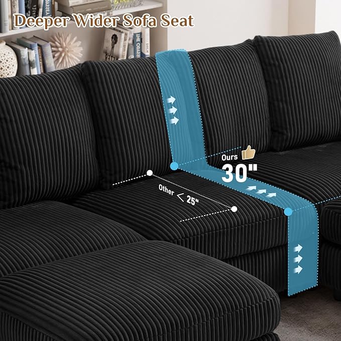 110" W x 60" D U Shape Sectional Sofa with USB Charging & Cup Holder & Storage, 5 Seater Plush Corduroy Couches with Movable Ottoman, Cloud Couch Sofas for Living Room, DIY Combination - Black