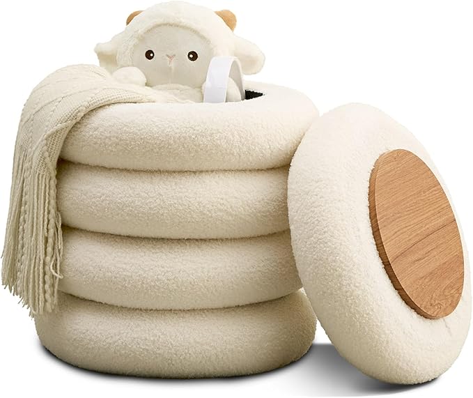 Wimarsbon Round Storage Ottoman, Modern Sherpa Footstool, Teddy Vanity Stool with Flip-Top Tray, Makeup Chair for Home Decor, Upholstered Footrest for Living Room & Bedroom (White S)