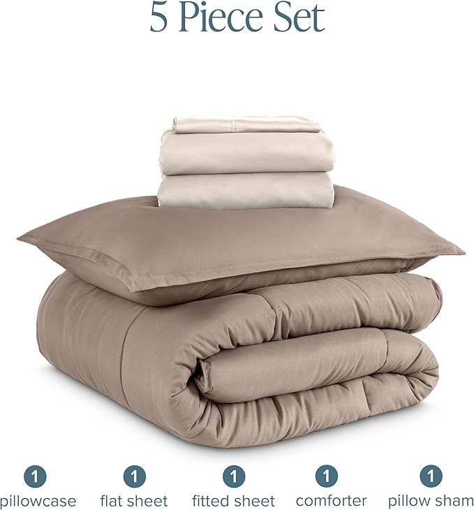 Bare Home Bed-in-A-Bag 5 Piece Comforter & Sheet Set - Twin XL - Goose Down Alternative - Ultra-Soft 1800 Premium Bed Set (Twin XL, Taupe/Sand)