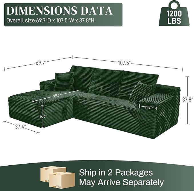 Modular Sectional Sofa Cloud Sectional Couch, 107" Comfy Fluffy L Shaped Green Couches for Living Room, Deep Seat Memory Foam Plush Corduroy Boneless Couch Sectionals with Left Facing Chaise Sofa