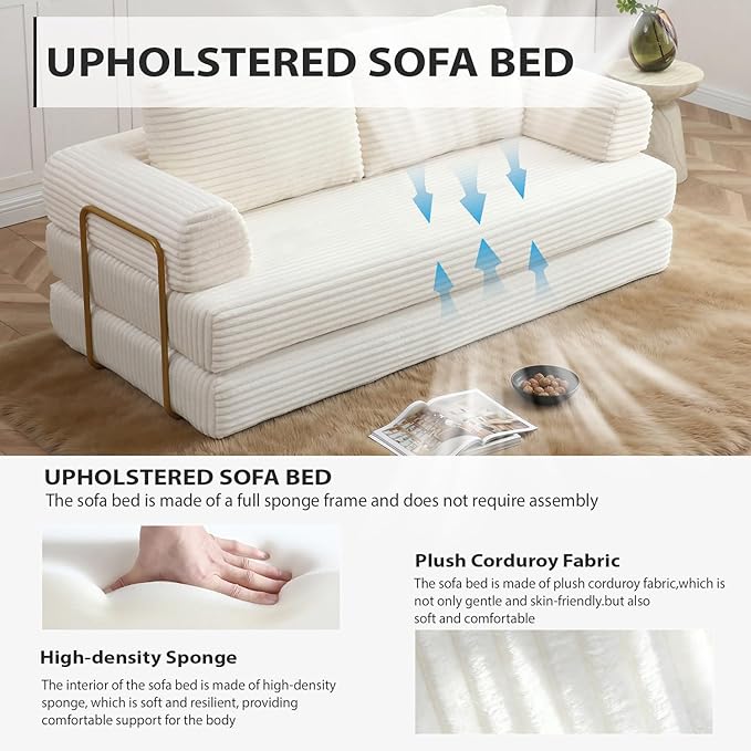 HANXIN 80 Inch Convertible Sleeper Sofa Bed, High Back Plush Corduroy Folding Floor Mattress Couch with Fixed-Shape Frame, Boneless Futon Loveseat with Pull Out Bed (Beige, 80" Loveseat Sofa Bed)