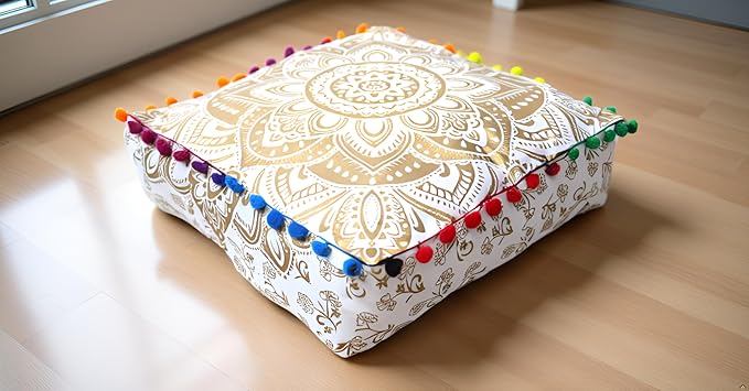CRAFT KALA 16" Square Large Hippie Mandala Meditation Floor Ottoman Pillow Cushion Pouf Cover Square Poufs Bohemian Circle Floor Cushion Case Outdoor Fireplace Living Decor Cover White Gold Flower