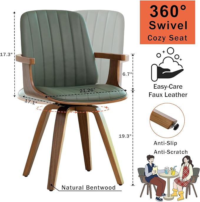 WUPOTO MCM Dining Chairs, Set of 2 Mid Century Modern Chairs with Walnut Craftsmanship, Upholstered Faux Leather, Wooden Arms and Legs, Faux Leather Dining Chairs for Kitchen/Living Room - Green