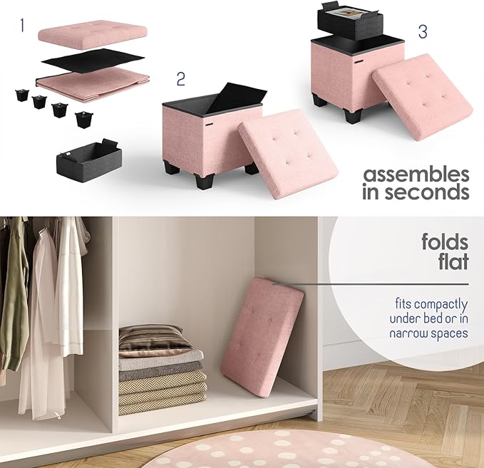 Storage Ottoman Cube with Small Bin, 16-in Square Ottoman with Storage for Living Room and Bedroom, Small Ottomans Foot Rest, Fabric Foot Stools Ottomans Max 330lbs, Pink