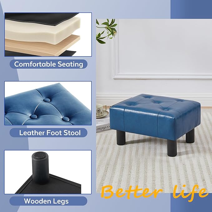FIMIVIBI Small Foot Stool Ottoman, Faux Leather Footstool Ottoman Foot Rest for Couch, Rectangle Footstools and Ottomans Small for Living Room, Entryway and Bedroom (Blue)