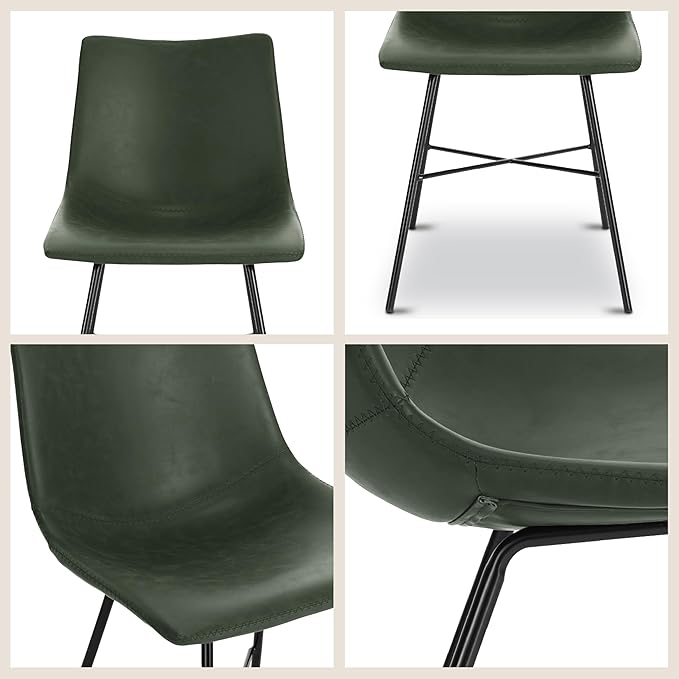 POLY & BARK Paxton Leather Dining Chairs – Set of 2 Modern Dining Room Chairs with Low Back – Faux Leather Upholstery and Matte Black Steel Base – Comfortable Seating for Stylish Interiors – Ivy Green