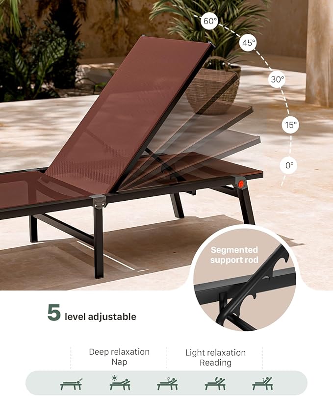 WOAJNQO Aluminum Patio Chaise Lounge Chair Set of 2 with Side Table,5-Position Adjustable Backrest,Foldable Lounge Chair Outdoor,Pool Lounge Chairs for Poolside,Lawn,Deck,Beach (Brown, 2 Pack+Table)