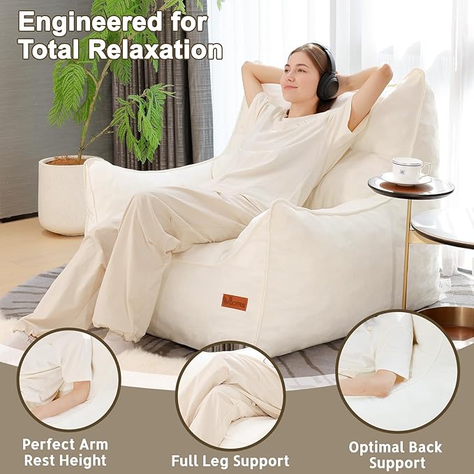 Giant Bean Bag Chair, Beanbag Chairs for Adults, Teens & Kids, Comfy Sofa Chair with Handle & Filling for Living Room, Reading & Gaming, Non-Slip(White-XL)