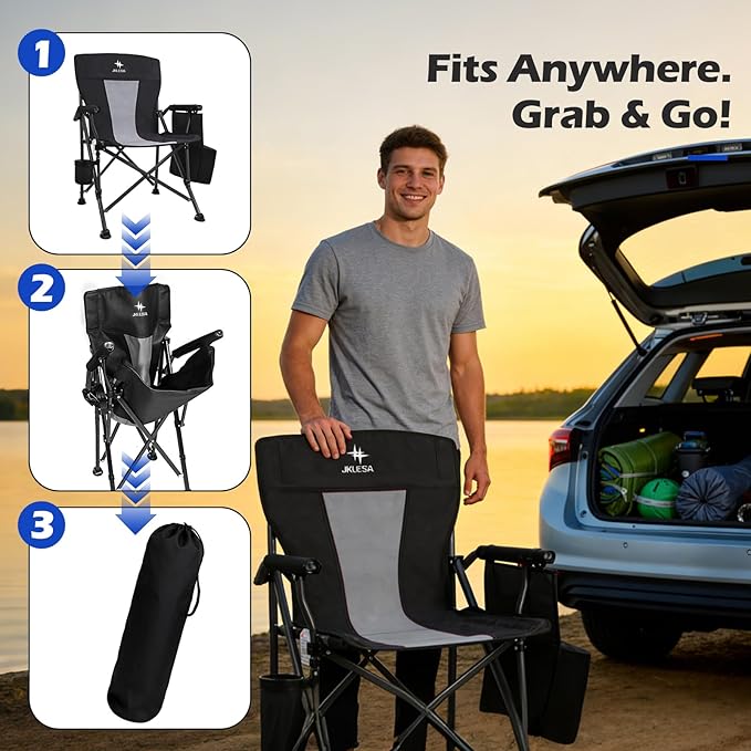 XL Premium Camping Chair - 400lb Capacity, Oversized 23.7" Wide Seat, Heavy Duty 600D Oxford Fabric, Padded Camping Chair Portable for Outdoor, Beach, Tailgate Parties Slate/Red