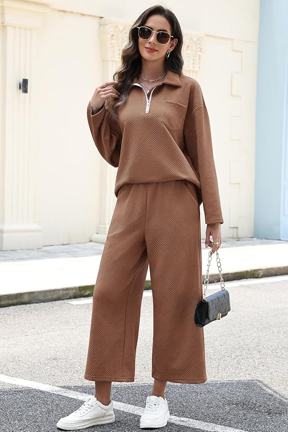 AGSEEM Lounge Sets for Women, Women's 2 Piece Outfits Long Sleeve 1/4 Zip Pullover Cropped Pants 2PC Outfit Comfy Sweatsuits