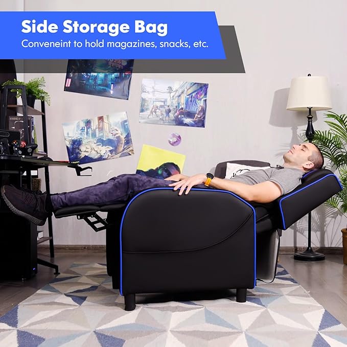 GYMAX Gaming Recliner, Massage Gaming Chair w/Adjustable Footrest, Remote Control & Side Pocket, Ergonomic Game Lounge Chair, Racing Style Single Theater Seat Game Sofa for Adults (Blue)