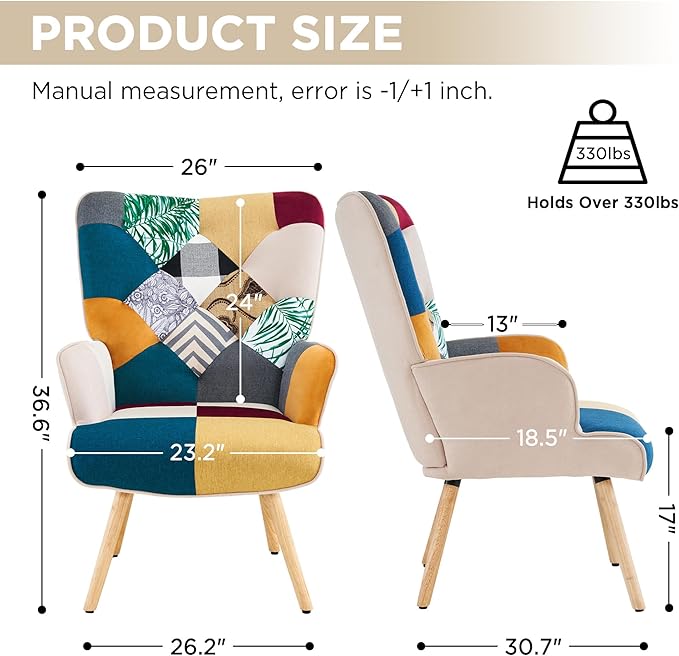 Accent Chair, Living Room Chair, Modern High Back Armchair, Colorful Patchwork Reading Chairs for Bedroom, Lounge Chair with Linen Fabric Shell and Solid Wood Feets (2, Colorful)