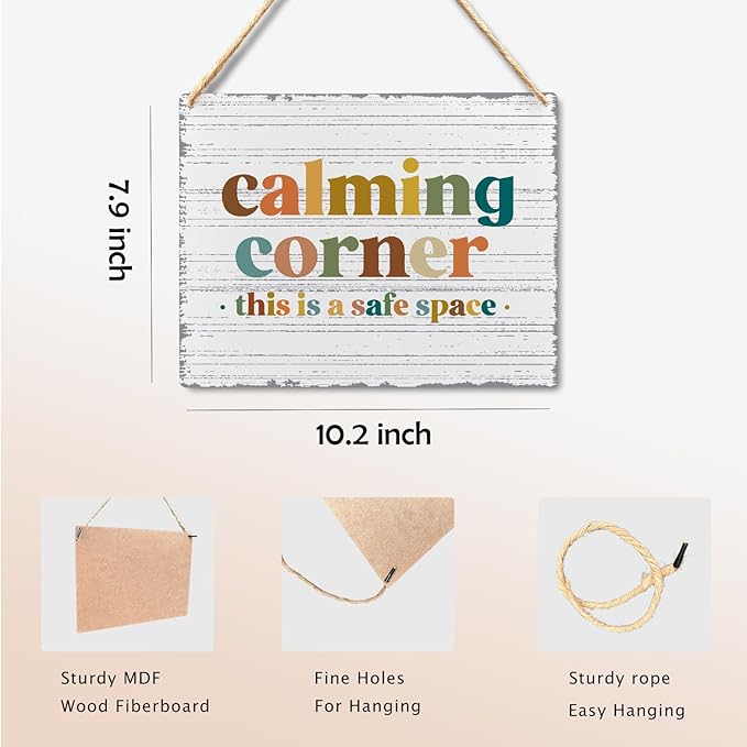 Absnfatu Calming Corner Hanging Wood Sign - Safe Space Classroom, School Counselor's Office, Calm Down Corner Decor - Boho Style, 10x8
