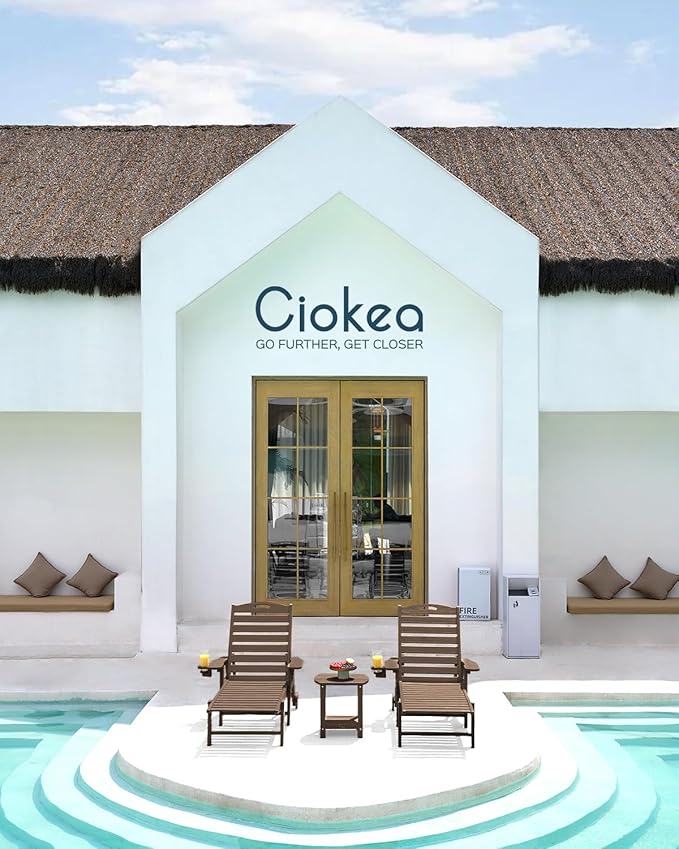 Ciokea Outdoor Lounge Chair HDPE Chair with Rolling Wheels & Cup Holder, 5 Position, Deck, Pool, Dark Brown