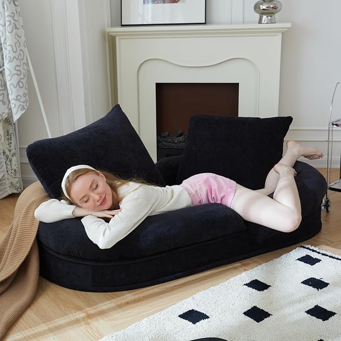 Foldable Lazy Sofa Bed Floor Chair - Adjustable Human Dog Bed for Adults Kids Floor Seats - Cozy Couch for Home Living Room (Black, Medium)