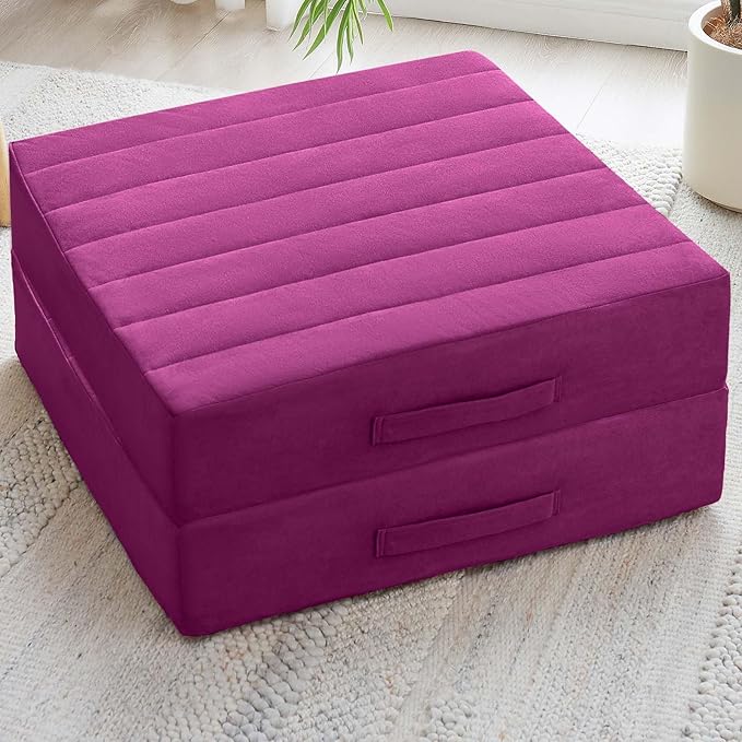 JKMAX 2 Pcs High Density Foam Floor Pillow - Upgraded Large Pillows Seating for Adults - Outdoor Floor Cushion with Soft Tufted Cover - Yoga Pillows for Sitting On Floor - 22 Inch Purple