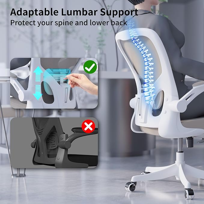 Monhey Office Chair Ergonomic Desk Chair with Lumbar Support&Headrest&Flip-up Arms Height Adjustable Rocking Swivel High Back Computer Chair Multi-Angle from 90° to 125° with 350LBS Capacity (01Khaki)