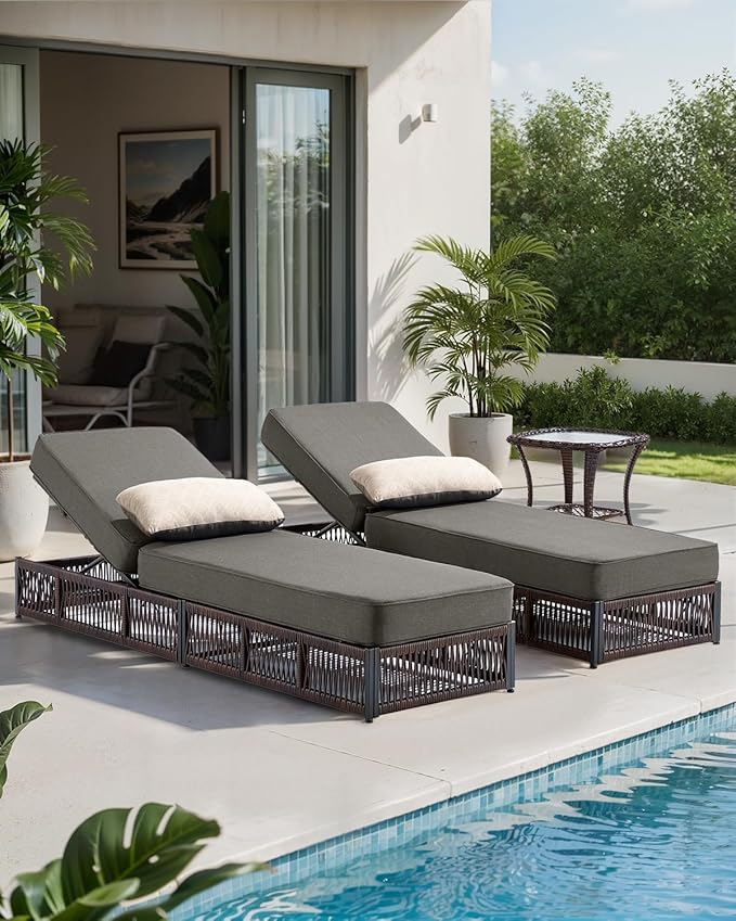 ACTREST Luxury 2PCS Outdoor Chaise Lounge and Side Table Set with 5 Inch Thick Cushions - High Back Brown Wicker Patio Recliners Chairs Lounger for Poolside Pool Porch Garden Sunbathing - Grey