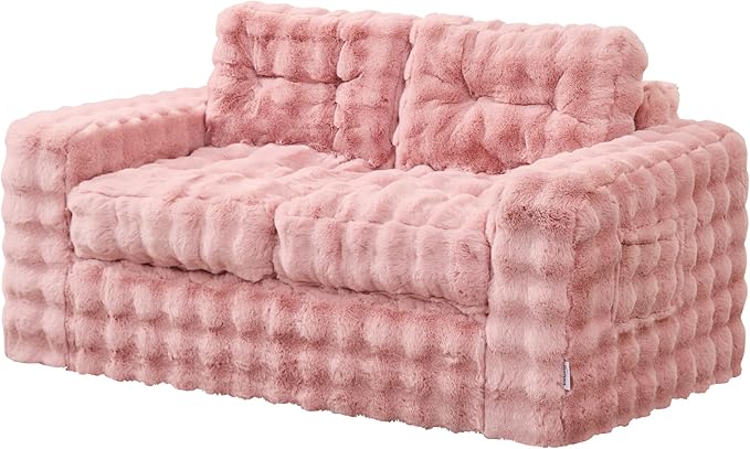 Hobestluk Sofa Couch Loveseat Sofa with Bubble Fabric 2-Seater Sofa for Small Spaces Comfortable Foam Floor Sofa 2 in 1 Boneless Couch for Living Room Bedroom Apartment or Office (Pink, Loveseat)