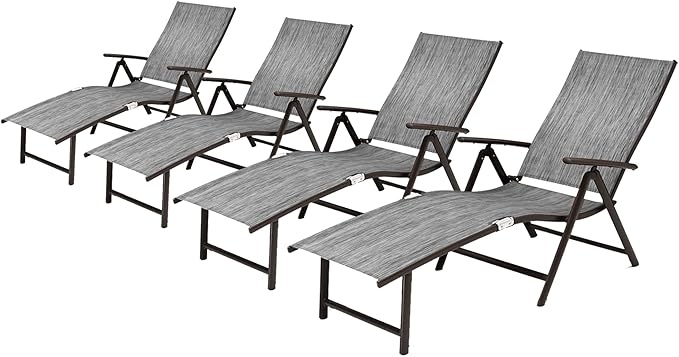 VredHom 4PCS Patio Chaise Lounge Outdoor Folding Adjustable Lounge Chair Recliner with 8 Adjustable Backrest Positions for Pool Beach Yard, Dark Gray Textliene and Brown Aluminum Frame