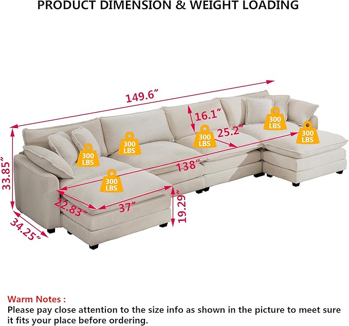 Aoowow Corduroy 4 Seater Couch with Ottomans,Modern Large Cloud Couches for Living Room,U Shaped Modular Sectional Cloud Sofas Deep Seat,U Shape Oversized Tufted Sofa Set (Beige, 4 Seater + 2 Ottoman)